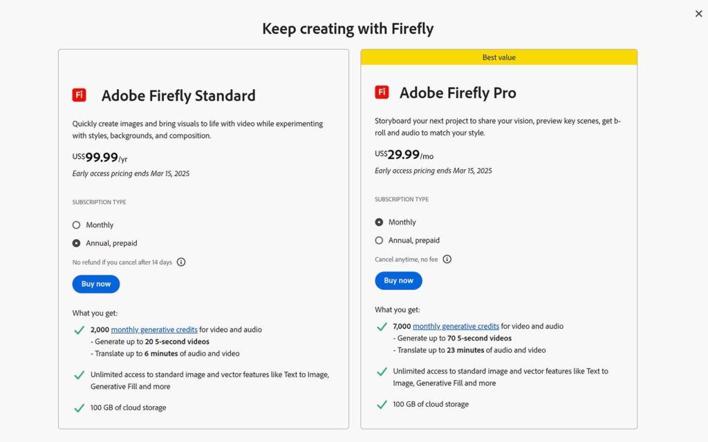 Adobe Firefly AI plans price cost